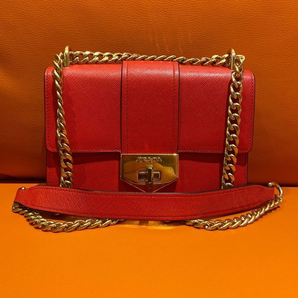 Prada Turn Lock Chain Small Shoulder Bag Red Saffiano Leather